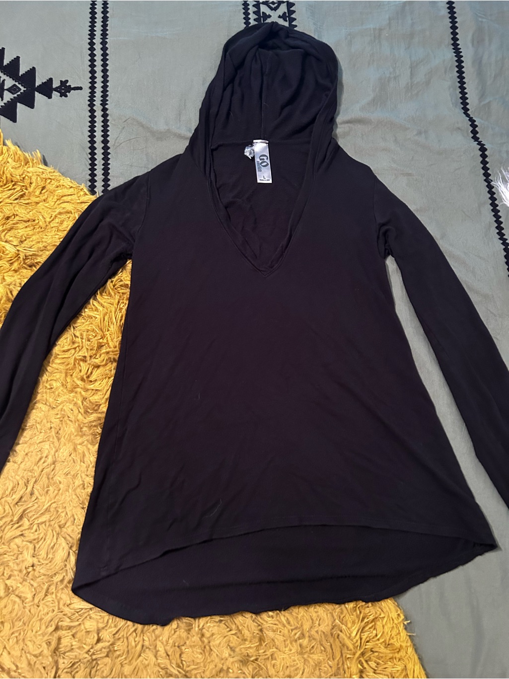 Black Hooded V-Neck Women's Top